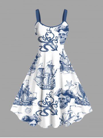 Plus Size Skull Pirate Octopus Sailboat Shell Print Hawaii Cruise A Line Tank Dress - WHITE - 1X