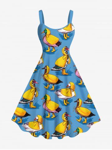Plus Size Cute Duck Cape Print Hawaii A Line Tank Dress - SKY BLUE - 2X