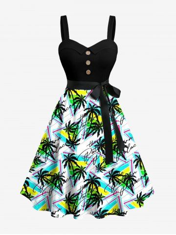 Plus Size Coconut Tree Geometric Colorblock Letters Print Hawaii Button A Line Dress with Removable Belt - GREEN - 6X