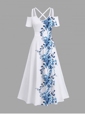 Plus Size Floral Leaves Branch Print Hawaii Cold Shoulder Crisscross A Line Maxi Dress - WHITE - XS