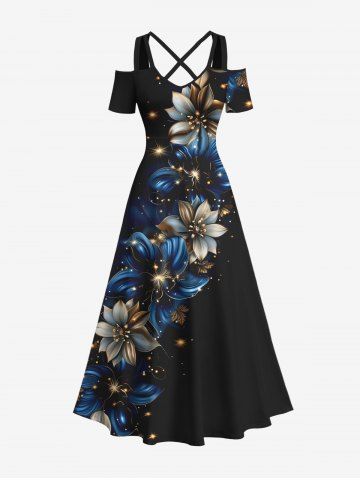 Plus Size Glitter Floral Stars Galaxy Print Hawaii Cold Shoulder Crisscross A Line Maxi Dress - BLACK - XS