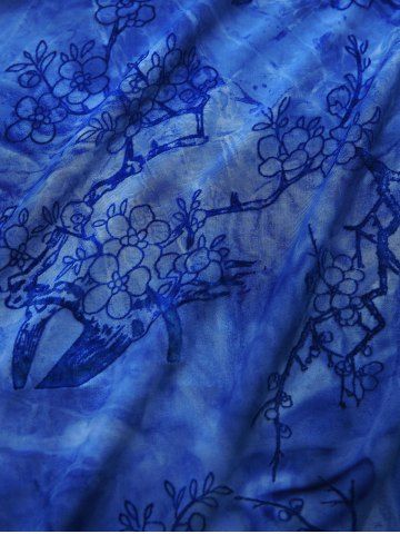 Plus Size Bird Plum Bossom Flower Flocking Ruched Chains Panel Cowl Neck Butterfly Sleeves Top