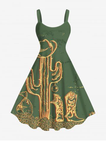 Plus Size Cactus Hat Boots Bags Print Hawaii A Line Tank Dress - GREEN - 2X