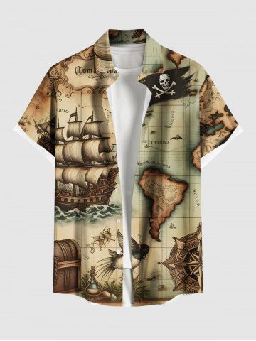 Plus Size Distressed Skull Sailboat Map Steering Wheel Print Hawaii Cruise Button Pocket Shirt For Men - APRICOT - S