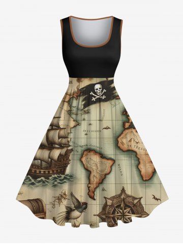 Plus Size Distressed Skull Sailboat Map Steering Wheel Print Hawaii Cruise 1950s Vintage Swing A Line Dress - BLACK - 6X