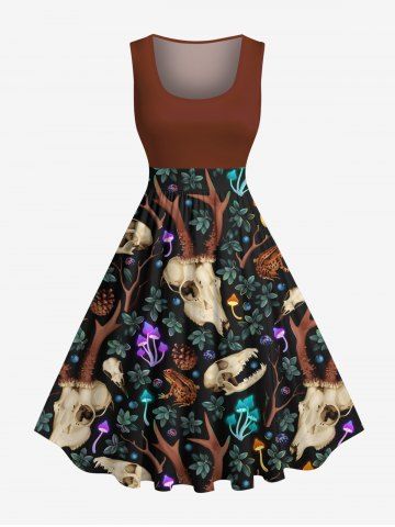 Plus Size Deer Head Mushroom Floral Print Hawaii 1950s Vintage Swing A Line Dress - DEEP RED - XXS