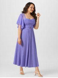 Plus Size Ruched Buckle Butterfly Sleeves Plisse Dress -  