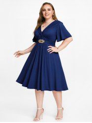 Plus Size Crisscross Twist Panel Ruched Buckle Waist Ruffles Pocket Dress -  