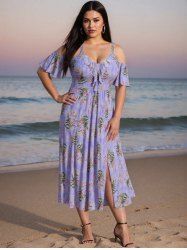 Plus Size Rose Flower Leaf Print Ruffles Cold Shoulder Cottagecore Dress -  