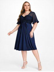 Plus Size Romantic Vintage Flutter Sleeve Ruched Waist Flowy A Line Midi Dress with Pockets -  
