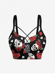 Skull Rose Flower Leaf Heart Print Hawaii Lace Up Braided Tankini Top(Adjustable Shoulder Strap) -  