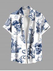 Plus Size Skull Pirate Octopus Sailboat Shell Print Hawaii Cruise Button Pocket Shirt For Men -  