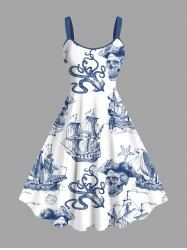 Plus Size Skull Pirate Octopus Sailboat Shell Print Hawaii Cruise A Line Tank Dress -  