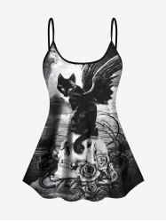 Haut de Tankini Chat Fleur Crâne et Nuage Imprimés à Bretelle Ajustable de Chat (T-shirt) - Noir 2X