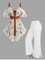 Rose Flower Print Jacquard Embroidery 2 in 1 Blouse and Slant Pockets Split Solid Wide Leg Pants Plus Size Outfit -  