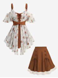 Rose Flower Print Jacquard Embroidery Blouse and Lace Up Ethnic A Line Skirt Plus Size Outfit -  