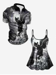 Maillot de Bain 1 Pièce Imprimé Chat et Nuage Floral Grande Taille - Noir 