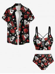 Maillot de Bain Grande Taille Imprimé Rose et Coeur Costume de Longueur Cheville - Noir 