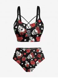 Skull Rose Flower Leaf Heart Print Hawaii Tankini Swimsuit Plus Size Matching Set -  