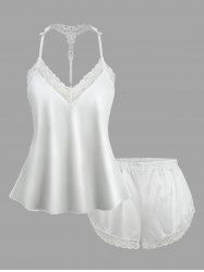 Lace Trim Flower Crochet Solid Strappy Slip Pajama Top and Shorts Plus Size Matching Set -  