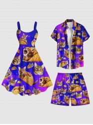 Galaxy Ombre Cat Potato Chips Print Plus Size Matching Hawaii Beach Outfit For Couples -  