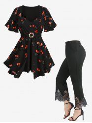 Cherry Fruit Waffle Plaid Print Crisscross Blouse and Scalloped Floral Tassel Flare Pants Plus Size Outfit - Noir 