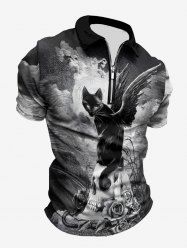 Plus Size Cat Wing Rose Flower Skull Cloud Sky Print Zipper Polo Shirt For Men -  