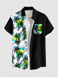 Plus Size Coconut Tree Geometric Colorblock Letters Print Hawaii Button Pocket Shirt For Men -  