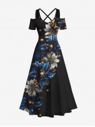 Maxi Robe Ligne A Croisée Etoile Galaxie Fleurie à Epaule Dénudée de Grande Taille à Paillettes - Noir 5X