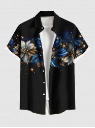 Plus Size Glitter Floral Stars Galaxy Print Hawaii Button Pocket Shirt For Men -  