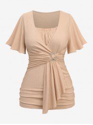 Plus Size Ruched Daisy Buckle Ruffles Surplice Asymmetrical Textured Top -  