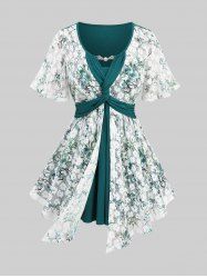 Plus Size Plum Bossom Flowers Lace Hot Stamping Ribbed Textured Patchwork Twist 2 In 1 Top -  