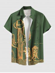 Plus Size Cactus Hat Boots Print Hawaii Button Pocket Shirt For Men -  