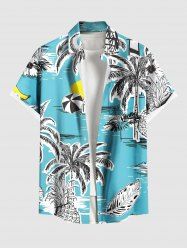 Plus Size Coconut Tree Sea Tropical Leaves Print Hawaii Button Pocket Shirt For Men -  