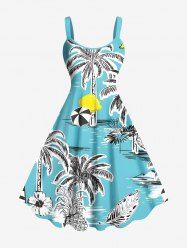Robe Débardeur Hawaïen Ligne A Fleurie Feuille Tropicale et Arbre de Noix de Coco Imprimés de Grande Taille - Bleu clair M