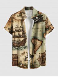 Chemise grande taille à imprimé tête de mort, voilier, carte, volant, croisière hawaïenne, boutonnée et poche pour homme - Abricot 5XL