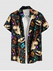 Plus Size Deer Head Mushroom Floral Print Hawaii Button Pocket Shirt For Men -  