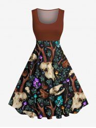 Robe trapèze vintage hawaïenne des années 1950, grande taille, imprimé floral et champignons à tête de cerf - Rouge foncé 2X