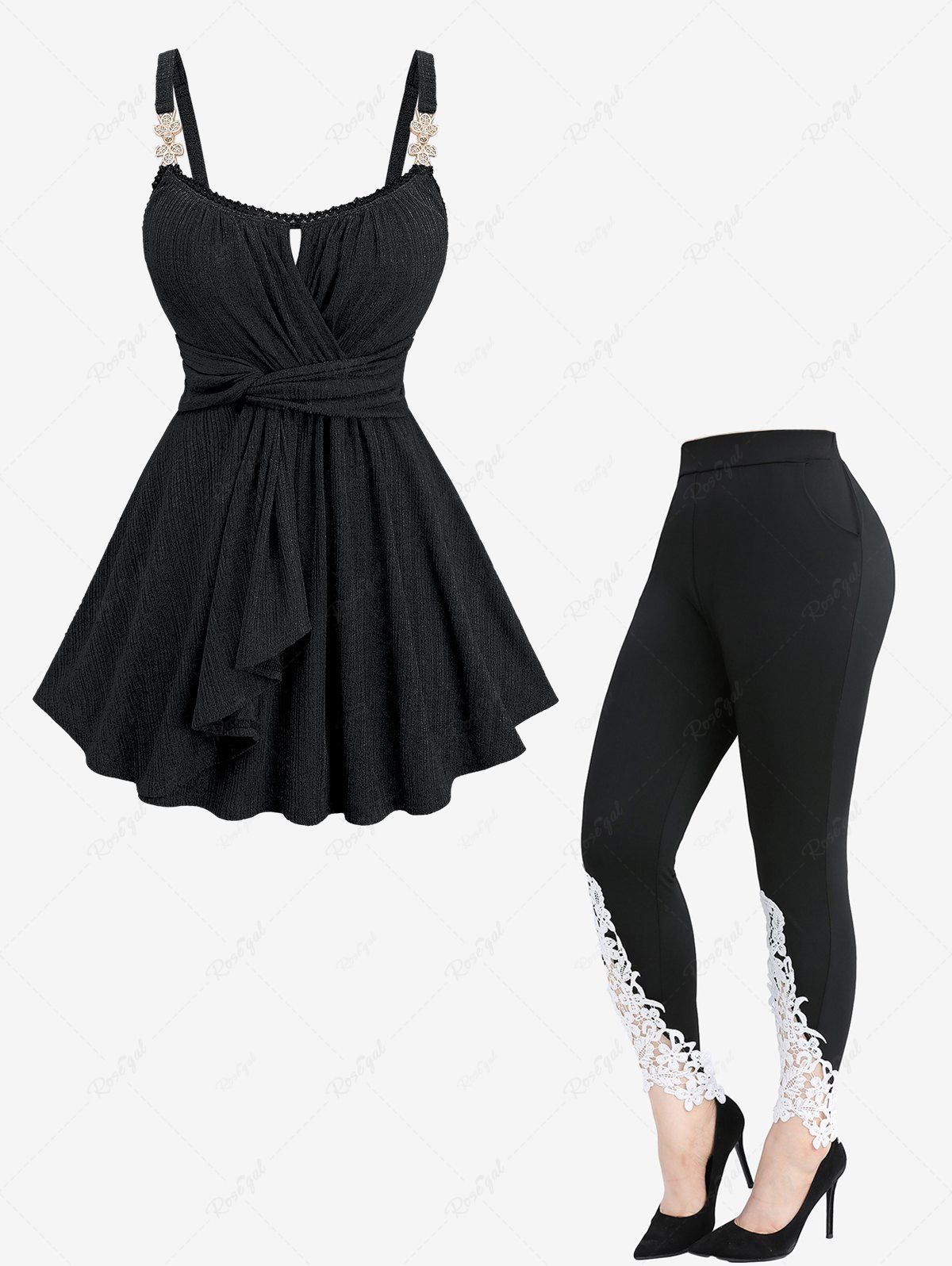 Fashion Surplice Ruched Lettuce Hem Ribbed Top and Flowers Leaf Appliques Lace Leggings Plus Size Outfit  