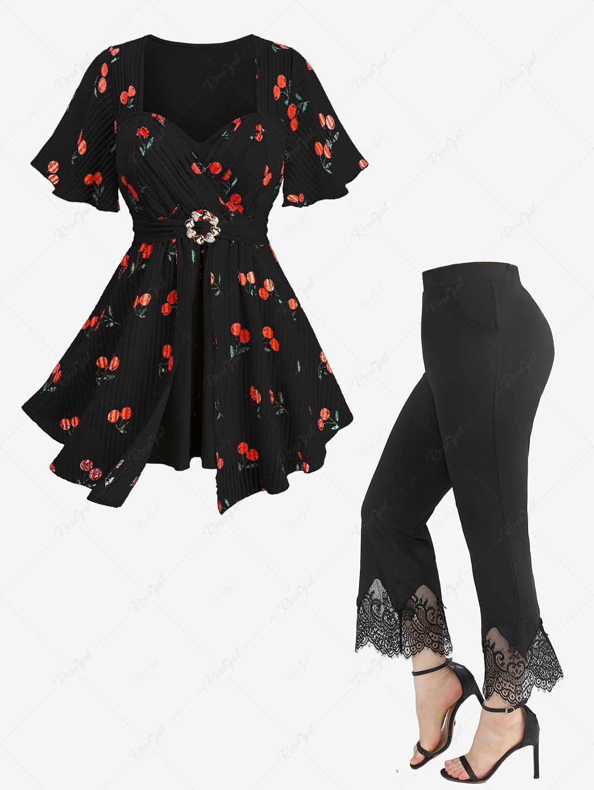 Cherry Fruit Waffle Plaid Print Crisscross Blouse and Scalloped Floral Tassel Flare Pants Plus Size Outfit Noir 