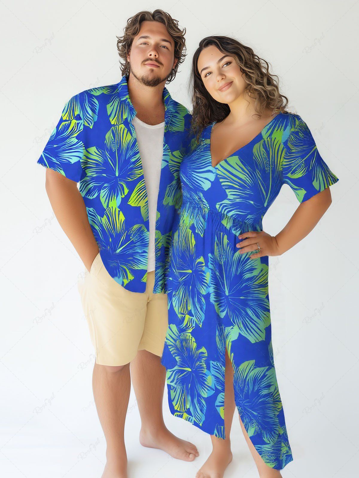Tenue de Plage à Imprimé Fleurs Tropicales D'Hibiscus Grande-Taille pour Couples Bleu Ciel 