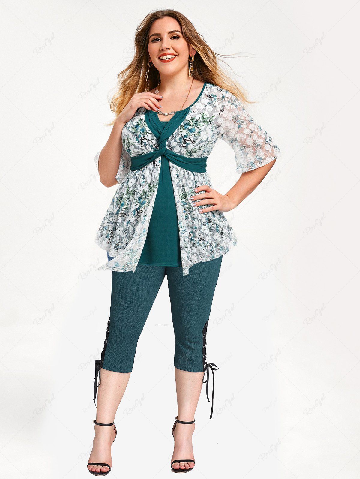 Cheap Plum Bossom Flower Lace Hot Stamping Ribbed Textured Patchwork Twist 2 In 1 Top and Lace Up Textured Pockets Capri Pants Plus Size Outfit  
