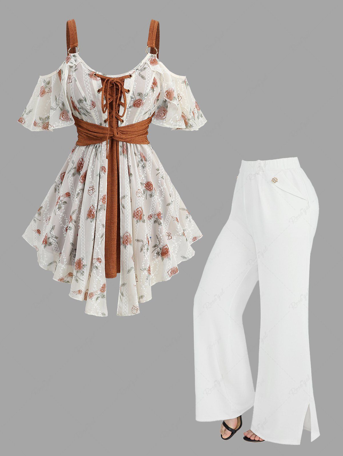 Outfits Rose Flower Print Jacquard Embroidery 2 in 1 Blouse and Slant Pockets Split Solid Wide Leg Pants Plus Size Outfit  