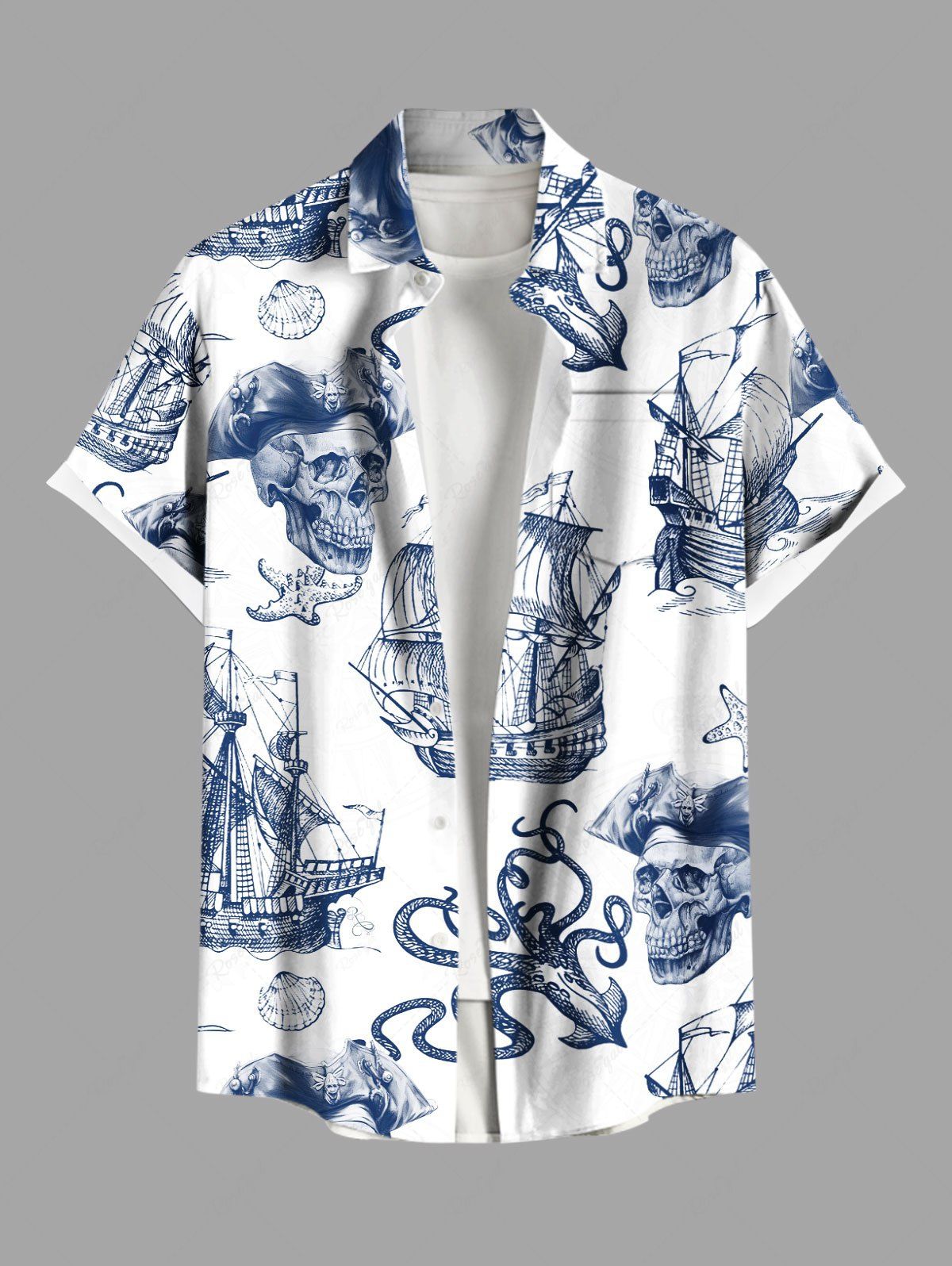 Trendy Plus Size Skull Pirate Octopus Sailboat Shell Print Hawaii Cruise Button Pocket Shirt For Men  