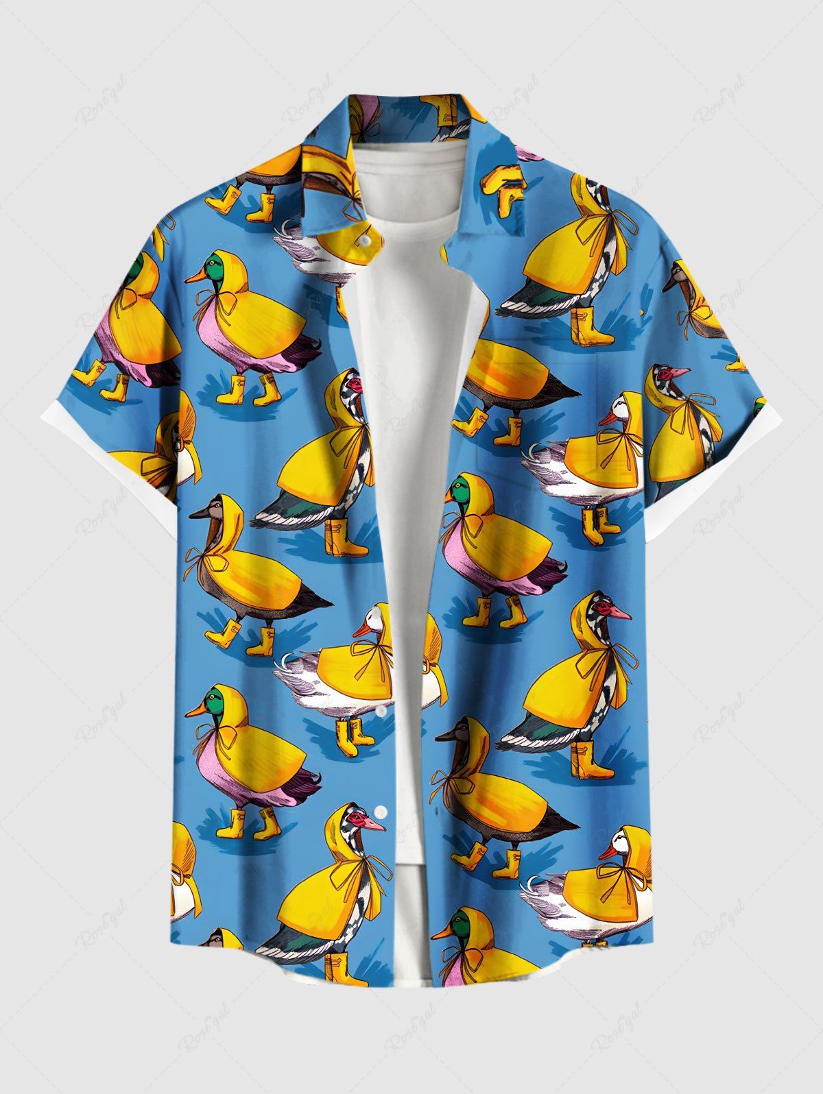 Discount Plus Size Cute Duck Cape Print Hawaii Button Pocket Shirt For Men  