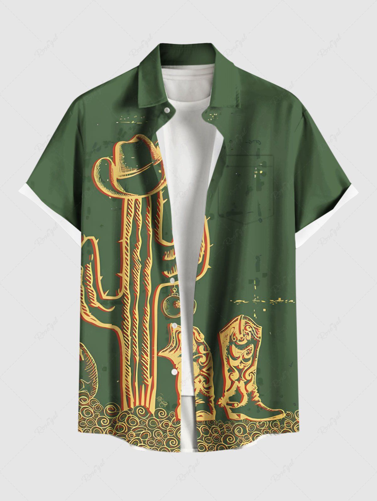 Best Plus Size Cactus Hat Boots Print Hawaii Button Pocket Shirt For Men  