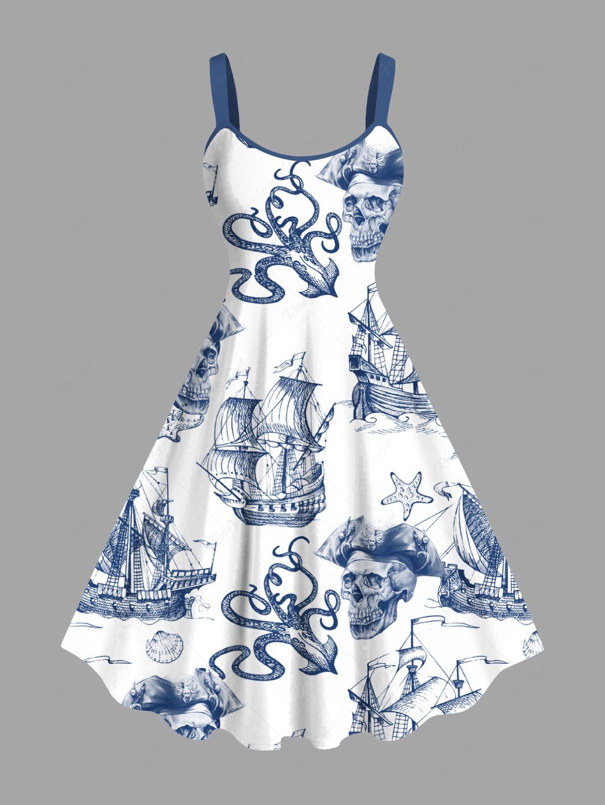 Sale Plus Size Skull Pirate Octopus Sailboat Shell Print Hawaii Cruise A Line Tank Dress  