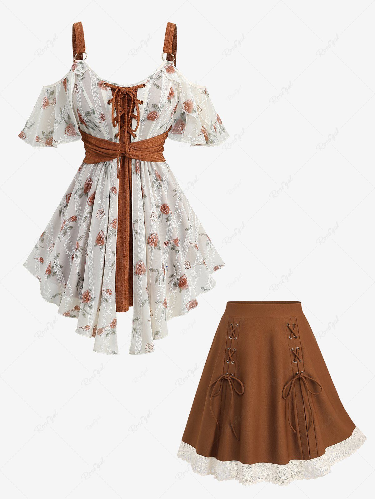 New Rose Flower Print Jacquard Embroidery Blouse and Lace Up Ethnic A Line Skirt Plus Size Outfit  