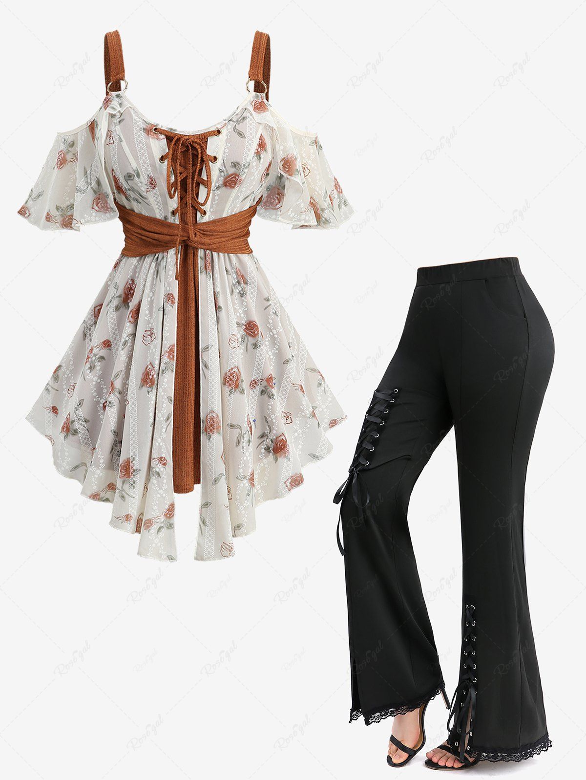 Chic Rose Flower Print Jacquard Embroidery Blouse and Lace-up Split Pocket Solid Flare Pants Plus Size Outfit  