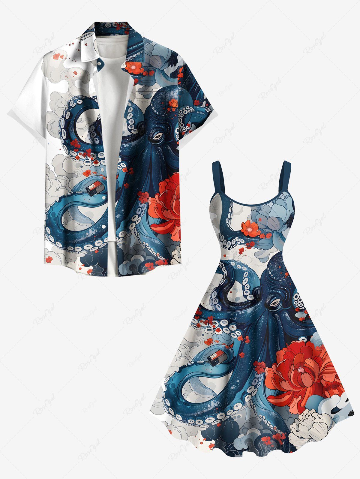 Cheap Octopus Flower Cloud Print Plus Size Matching Beach Outfit For Couples  